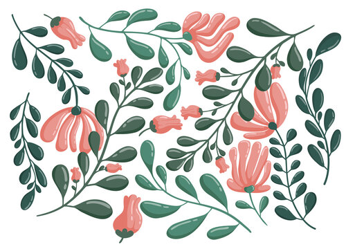 Tropical Leaves with Pink Flowers Illustration for Decorative Design and Greeting Card Template with Botanical Floral Elements for Summer Event Theme
