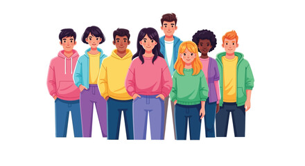 Fototapeta premium Diverse group of young people standing together in this colorful flat vector illustration of friends