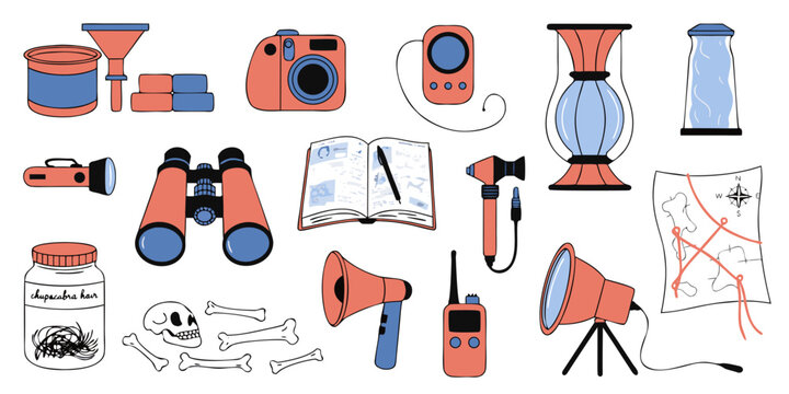 Cartoon illustration of various adventure and mystery solving tools and equipment