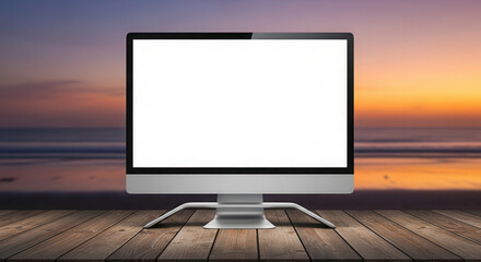Fototapeta premium Desktop computer monitor with blank screen positioned on wooden table against a vibrant sunset over the ocean, creating a serene coastal atmosphere