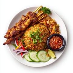 Fototapeta premium Nasi goreng ayam Indonesia food plate with fried rice chicken with fried chicken isolated on a white background