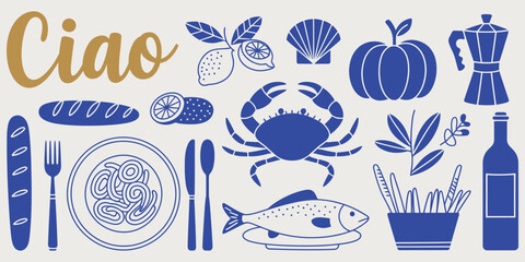 hand drawn italian clipart set in sketch doodle style, featuring mediterranean traditional cuisine and cultural symbols, detailed vector illustration perfect for menus packaging and travel design proj © Rose