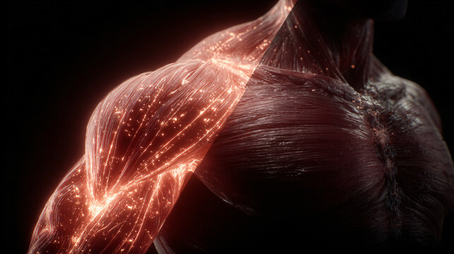 Detailed close-up of human muscle fibers with glowing neural signals, representing strength, anatomy and bioelectric activity.