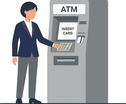 Man in suit inserting card into ATM machine outdoors