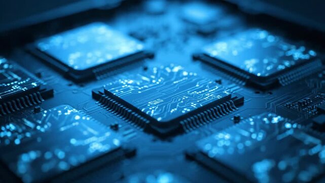 Macro shot of computer chips showcasing technology and electronic components with blue lighting.