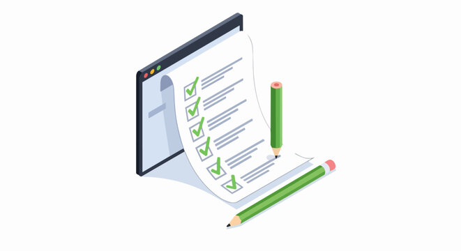 Isometric Online Survey and Digital Checklist Illustration for Business Productivity and Task Management Concepts