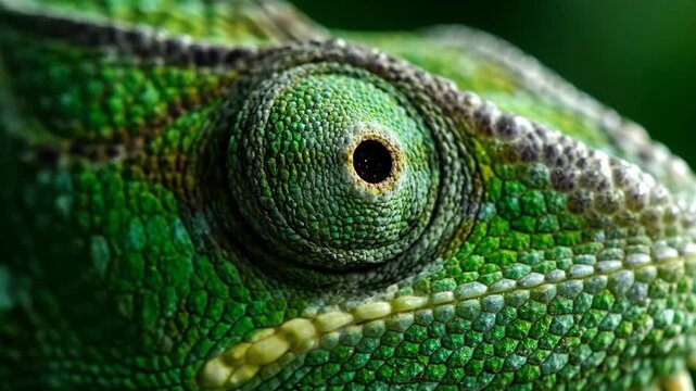 Macro shot of vibrant green chameleon eye showing detailed texture and scales.