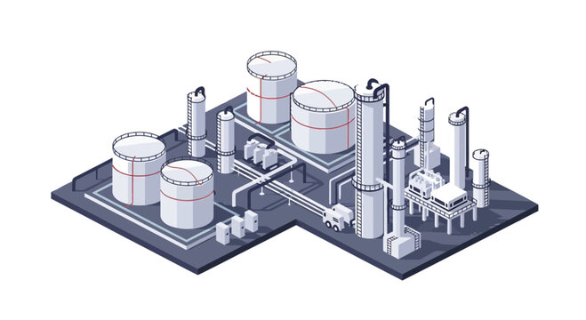 Isometric Oil Refinery and Chemical Industrial Plant Vector Illustration