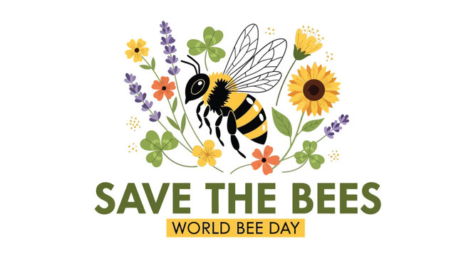 A bumblebee flies amongst colorful wildflowers with a save the bees message
