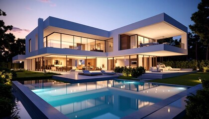 Fototapeta premium Modern luxury house with pool at dusk evening light