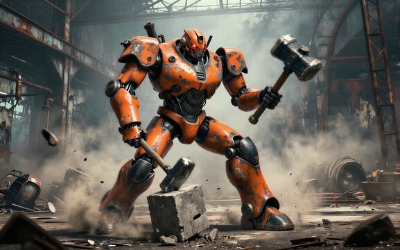 Orange robot warrior smashes concrete block in industrial ruin dust