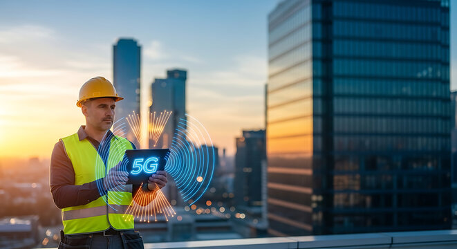 Construction worker using a tablet with 5G technology overlay in a city skyline at sunset