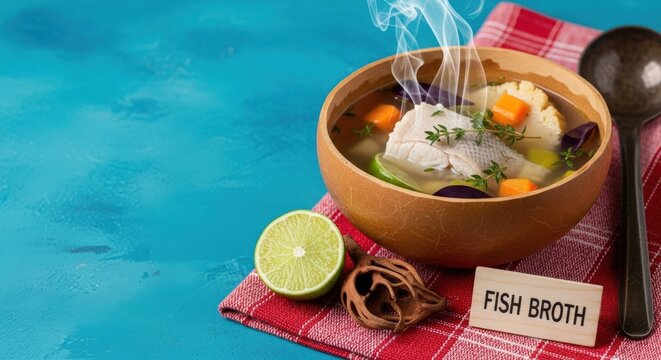 Traditional Fish Broth with Breadfruit and Callaloo on Ocean-Blue Editorial Space