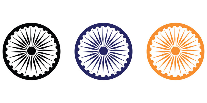Ashoka Chakra set: A set of three Ashoka Chakra in different colors, representing the wheel of law and righteousness. These symbols convey a sense of movement, progress.