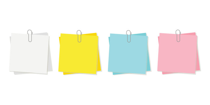 Colorful Sticky Notes Organized: A collection of square sticky notes, each a different pastel hue, clipped neatly together, forming a vibrant array for notes or reminders.