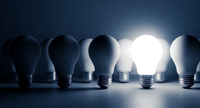 A bright lightbulb standing out among dark ones in a row on a table