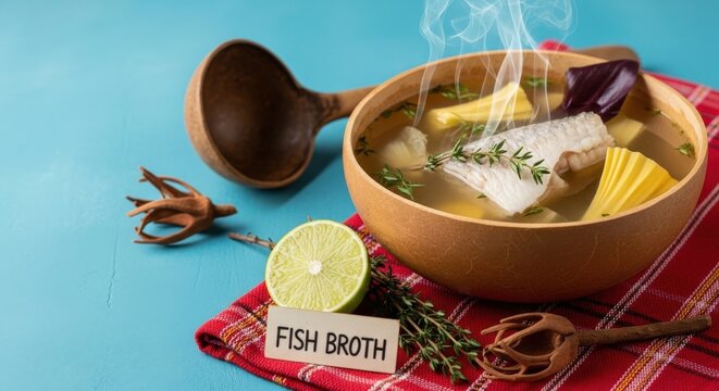 Traditional Fish Broth with Breadfruit and Callaloo on Ocean-Blue Editorial Space