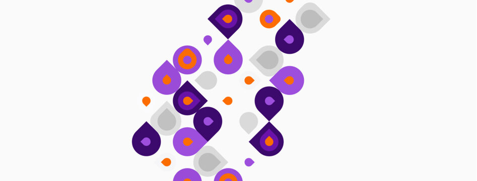 Abstract pattern features overlapping circles, varying sizes, purple, orange, gray hues. Minimalist design, clean background.
