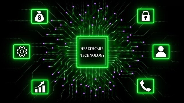 Health Care Technology Network concept with Data Security and Automation. Business, Technology, Internet and network concept. Abstract glowing green circuit board background. 4k video