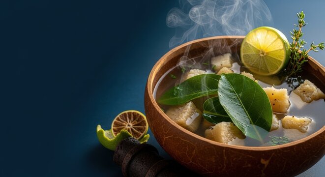 Clear Caribbean Fish Broth with Breadfruit and Callaloo on Ocean-Blue Negative Space