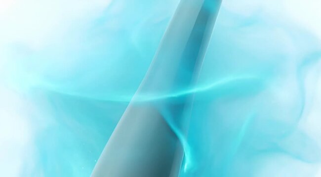 A sleek, silver spacecraft hurtles through a vibrant, electric blue nebula in deep space.