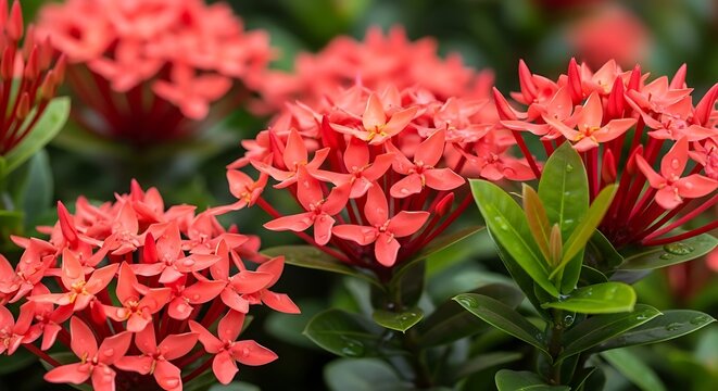 Vibrant red lantana flowers bloom densely among glossy green foliage