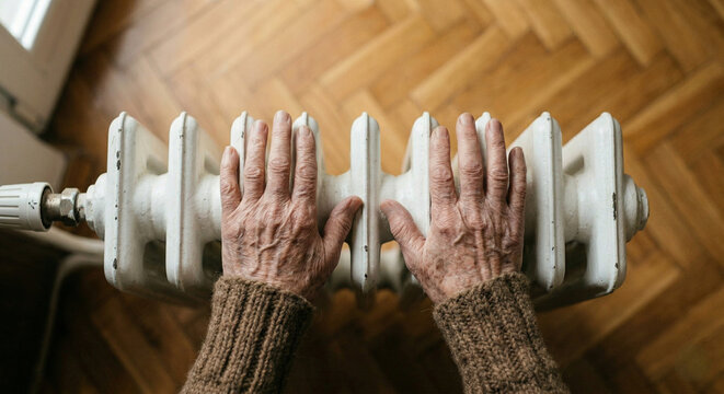 Elderly hands warming on home radiator symbolizing heating needs, comfort and rising energy concerns