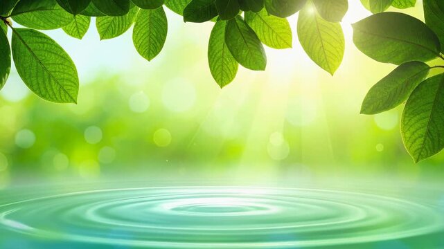 新緑の葉と水面に差し込む太陽光の爽やかな自然背景