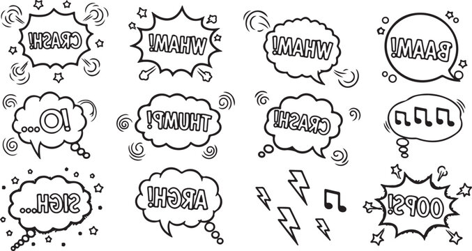 Collection of hand-drawn comic book speech bubbles with sound effect typography like "CRASH!", "WHAM!", and "OOPS!" isolated on a white background.