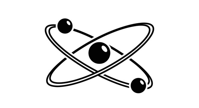 Black and white atom icon, atomic symbol, science illustration, educational graphic