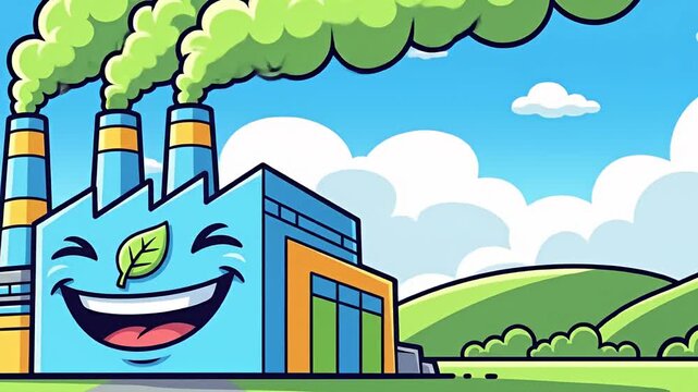 Smiling green factory emitting clean smoke in cartoon style