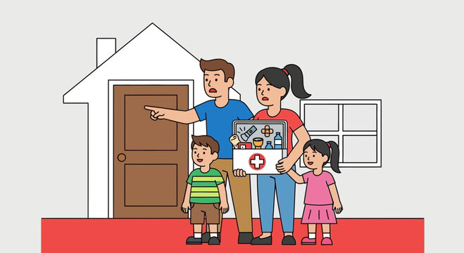 Family evacuating home with first aid kit during emergency or disaster