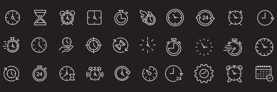 Time line icons set. Timer, alarm clock, wristwatch, smart watch, hourglass, schedule calendar vector illustration. Outline signs about notification. Editable Strok