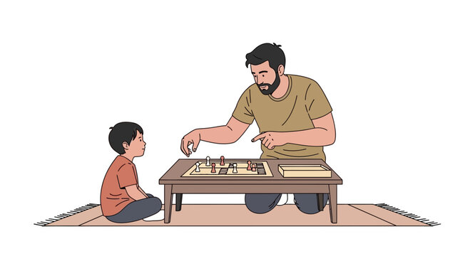 Father and son playing board game on floor, bonding, family fun, leisure activity