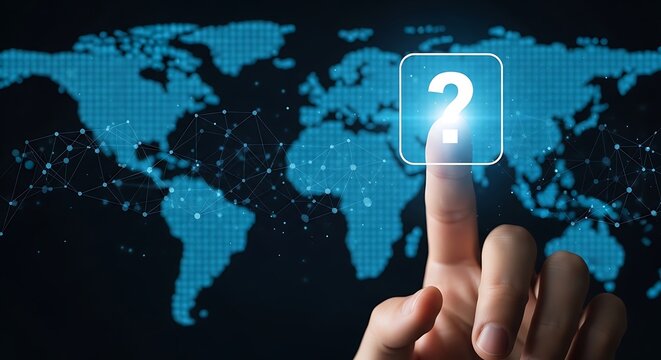 A hand interacting with a glowing question mark on a digital world map background