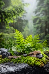 Obraz premium Nature stone product display podium with green forest background with copy space. mockup advertising card template presentation on forest background eco nature organic