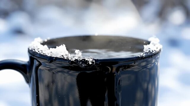 Steaming hot drink in snowy black mug outdoors in winter