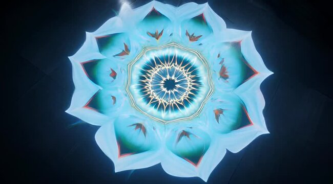 A glowing blue mandala with intricate gold patterns shines brightly against a dark background.