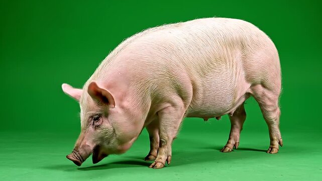 A pink pig snuffling on a green background in a studio setting with realistic photography style and agricultural context