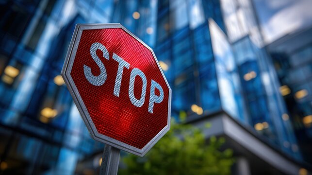 Close-up of stop sign in front of modern city building