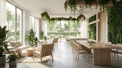 Fototapeta premium Open Space Office with Natural Light and Greenery