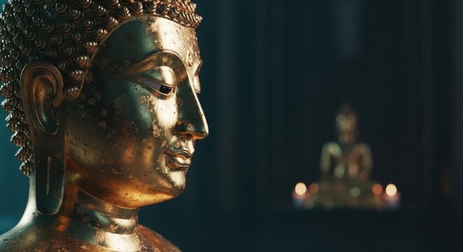 A golden buddha head in close up with a blurred second buddha statue in the background