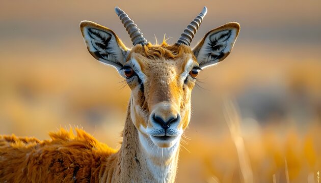 Close up portrait of saiga antelope in natural steppe environment