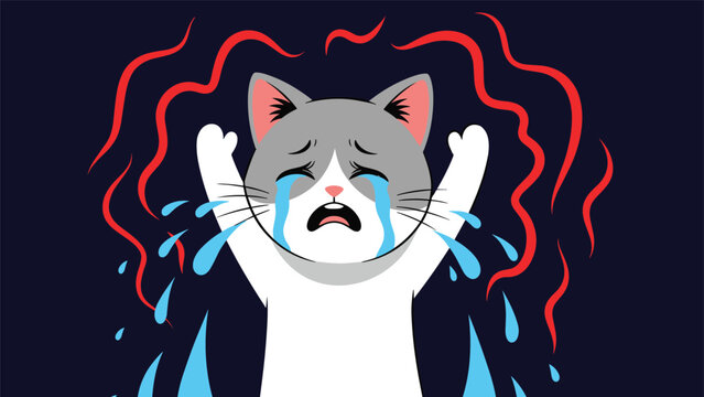 Sad grey and white cat character crying with large tears in front of an abstract dark background with red wavy energy lines.