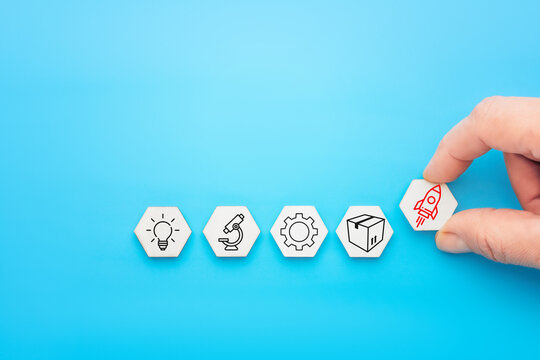 Innovation research development pipeline with rocket hexagons