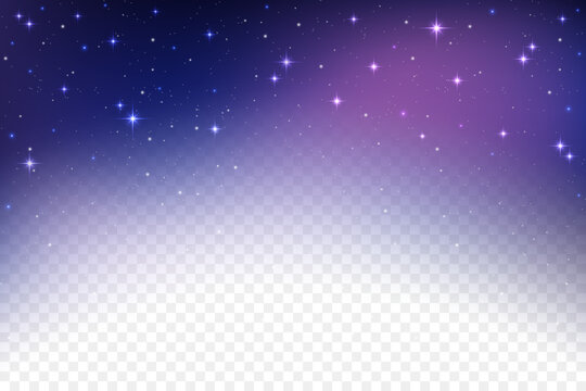 Night sky background with light transparent effect. Vector blue and purple universe with magic texture of cosmic sparkles for Christmas design. Bright fantasy outer space with particles of twinkles.