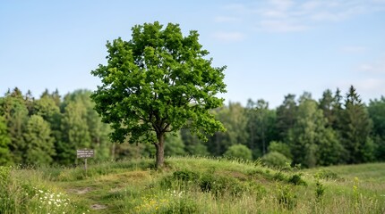 Fototapeta premium Lone green tree on meadow hill with forest background