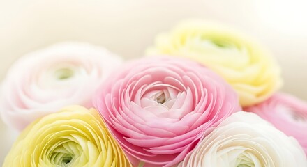 Close up of vibrant ranunculus flowers in shades of pink and yellow