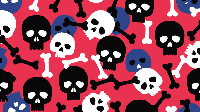 Seamless pattern of black, white, and blue skulls with crossbones on a bright red background for edgy fashion or holiday decoration.