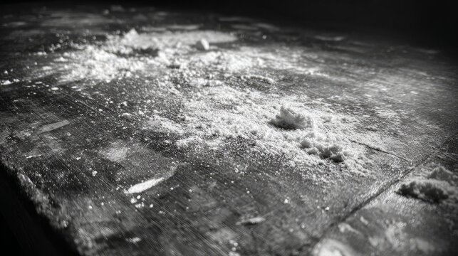 Board's mark on the grey, rough table covered with flour.